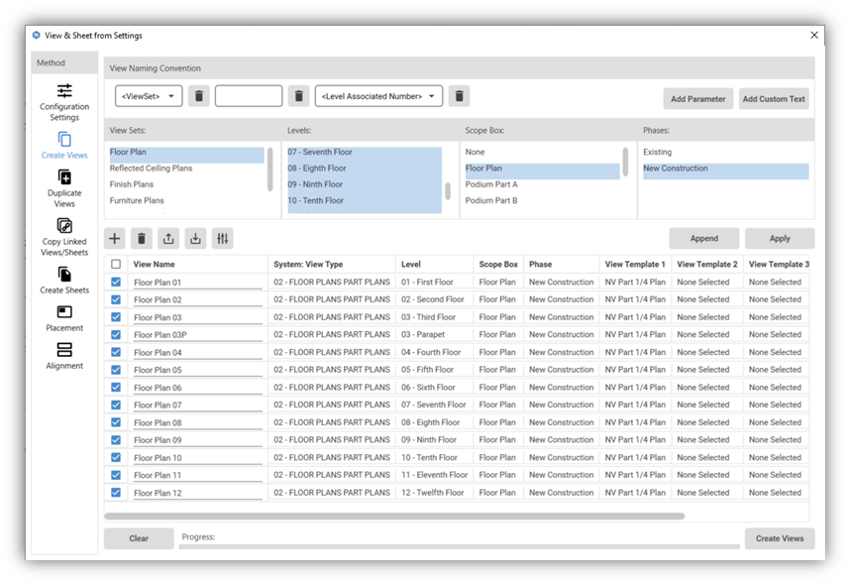 Naviate Accelerate view and sheet from settings create views