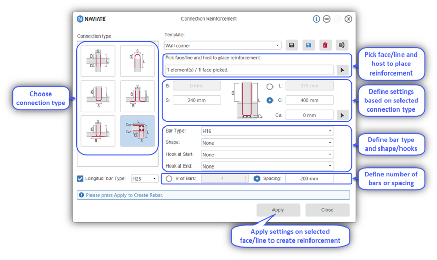Naviate Rebar Connection apply settings