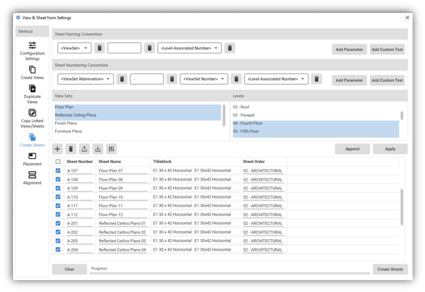 Naviate Accelerate view and sheet from settings create sheets